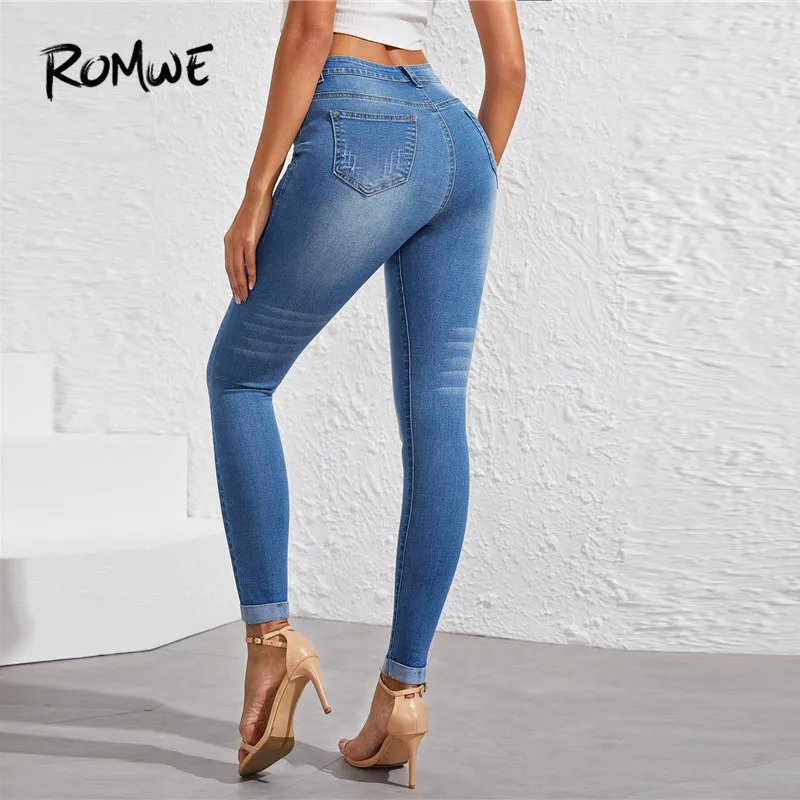 ROMWE синие потертые узкие джинсы с манжетами, женские повседневные джинсы, весна-осень, одежда для женщин, однотонные джинсы с высокой талией