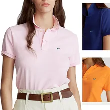 Women's Summer 100% Cotton Polo Shirt New Style Short-Sleeved Solid Color Lapel Fashion Slim-Fit Embroidered Logo Shirt Top