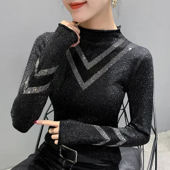 

European Goods Spring Slim Fit Long-Sleeve Mesh-Panel Half-Turtle-Neck V Knit Base Shirt Sexy Hot Drilling Sweater Women's-