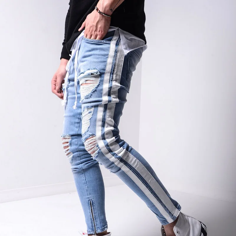Mens Hip-hop Hole Ripped Jeans Skinny Side Striped Casual Pants Slim Fit Men Streetwear Jeans Stretch Biker Pencil Denim Trouser