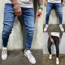Мужские повседневные свободные одноцветные джинсовые длинные штаны на шнурке с эластичной резинкой на талии, обтягивающие рваные Стрейчевые облегающие джинсы