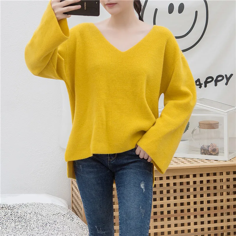 Roupas femininas женские пуловеры желтый свитер Джемперы карамельного цвета Harajuku шикарный короткий свитер витая тяга v-образным вырезом - Цвет: picture color