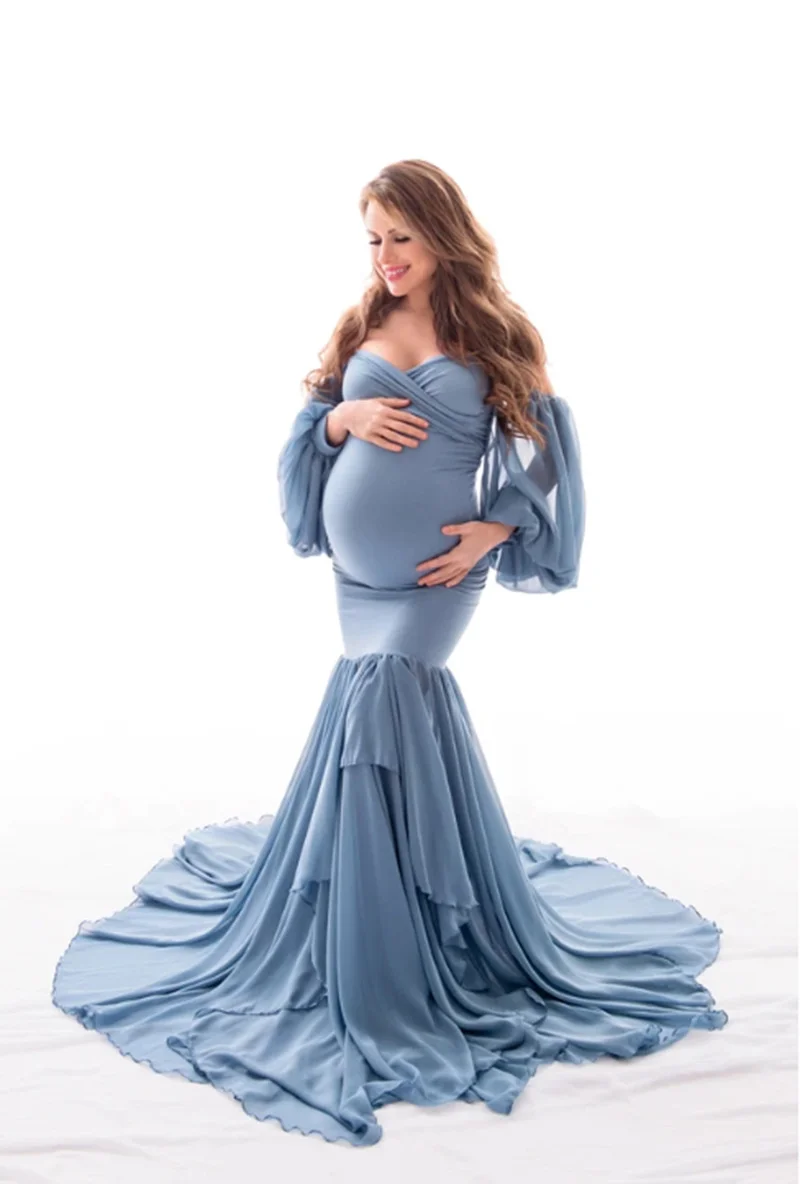 Pregnant Women Dress Sexy Shoulderless Maternity Dresses Photoshoot Ruffles Pregnancy Maxi Gown Photography Props Mermaid Dress