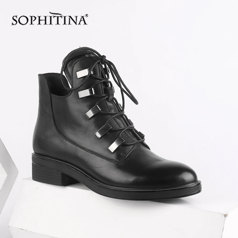 SOPHITINA/Зимние Модные женские ботинки; специальное металлическое украшение; удобная обувь на квадратном каблуке с круглым носком; Новые ботильоны; SC485