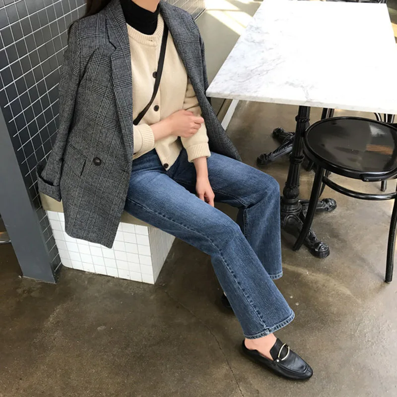 Heydress Женская Осенняя хлопковая куртка с длинными рукавами винтажное пальто клетчатый Блейзер двубортные блейзеры Офисная Женская верхняя одежда