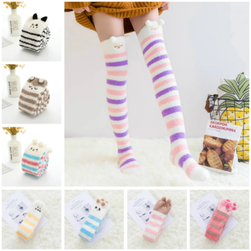 

Big Girls Knee High Socks Toddler Leggings Japanese Kawaii Baby Girls Colorful Winter Thickening Coral Velvet House Floor Socks