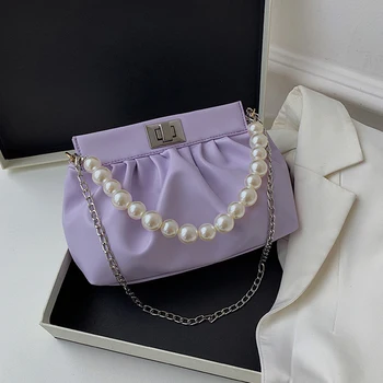 

Fashion Ruched Shoulder Bags for Women Pearl Chain Strap Handbags and Purses PU Leather Lady Solid Crossbody Bags