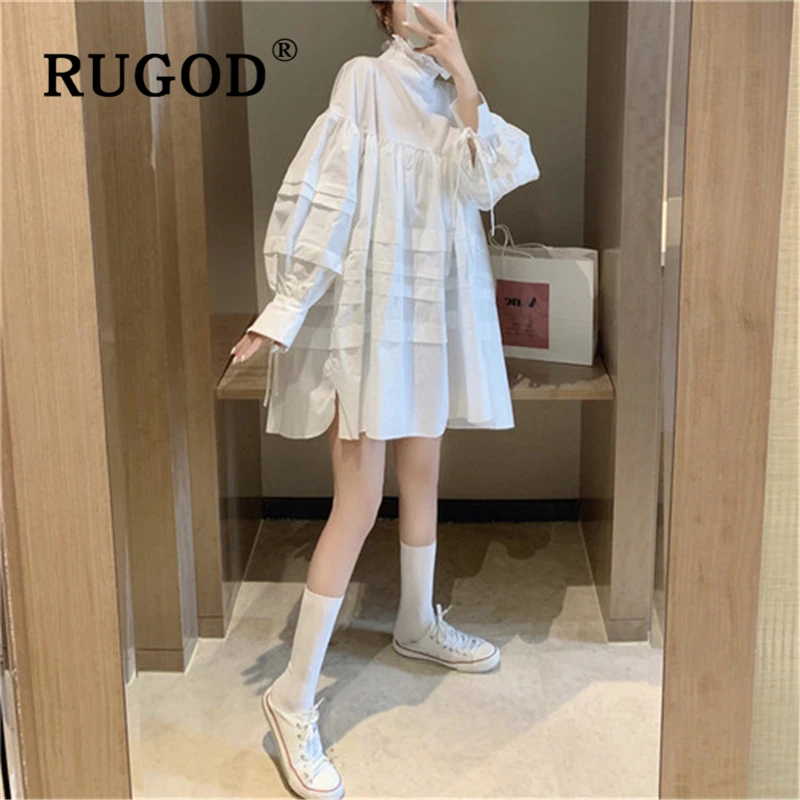 

RUGOD Korean ins lantern sleeve white dress women elegant ruffles stand collar loose OL dress 2019 Fashion auturm Harajuku dress