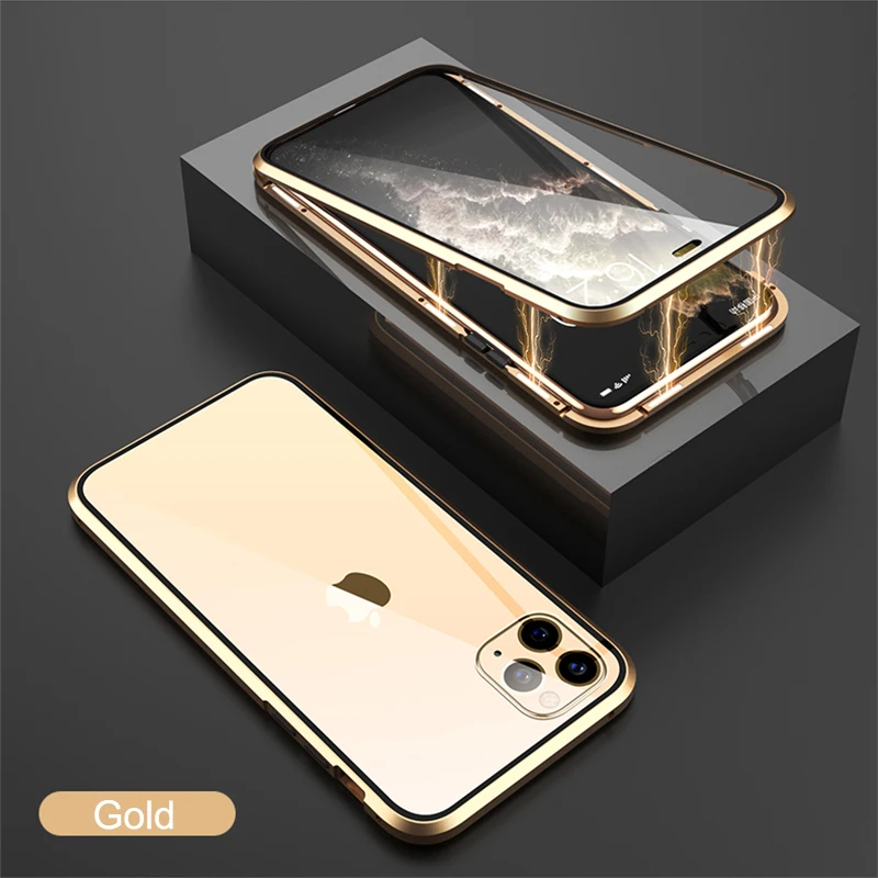 Gold GKK Магнитный адсорбционный металлический чехол для IPhone 11 Pro Max чехол Полная защита 9H закаленное стекло крышка для IPhone 11 Pro Max чехол - Цвет: Gold