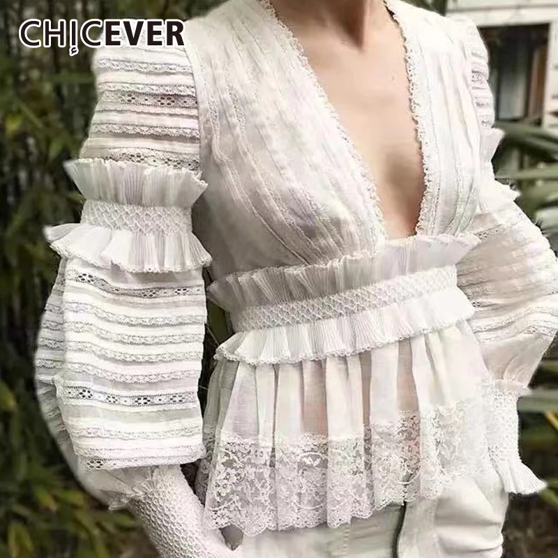 CHICEVER осень кружева лоскутное Женские топы и блузки v-образный вырез короткий рукав фонаря длина рубашка Женская мода корейский