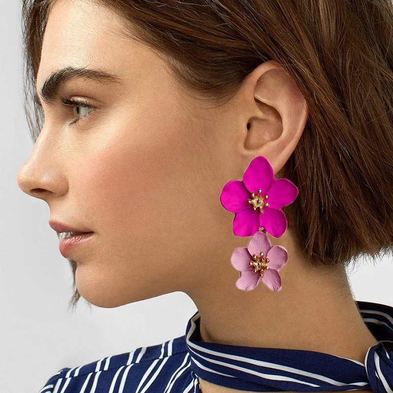 Flower Earrings New Design Fashion Jewelry Big Double Flower Mixed Color Earrings for Women Summer Style Party Wedding Exaggerated Earrings