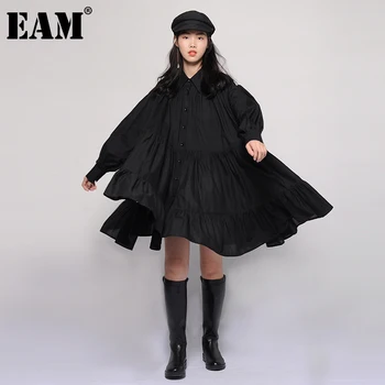 

[EAM] Women Black Pleated Spit Joint Big Size Shirt Dress New Lapel Long Sleeve Loose Fit Fashion Tide Spring Autumn 2020 1Z403