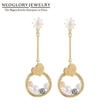 

Neoglory Jewelry Hand Made Pearls With Heart Long Drop Earrings For Women Elegant colorful Pearls Dangle Earring Hot New Gift