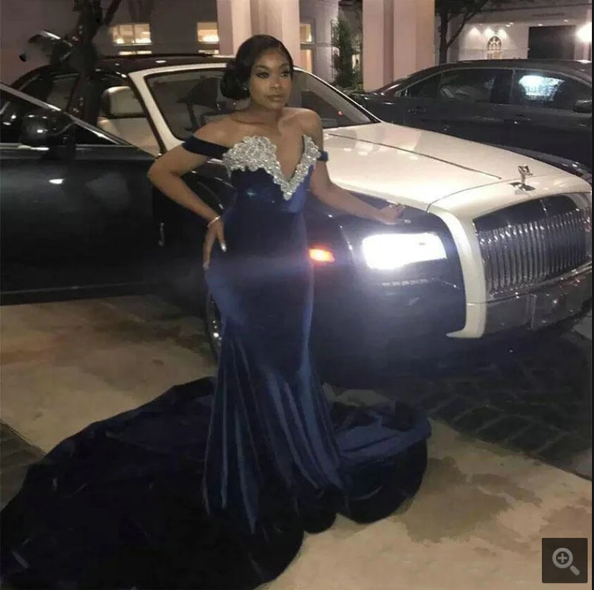 Vestido de festa темно-синие бархатные Русалка Бисероплетение платья для выпускного вечера со стразами с открытыми плечами v-образный вырез сексуальные платья для выпускного вечера со шлейфом