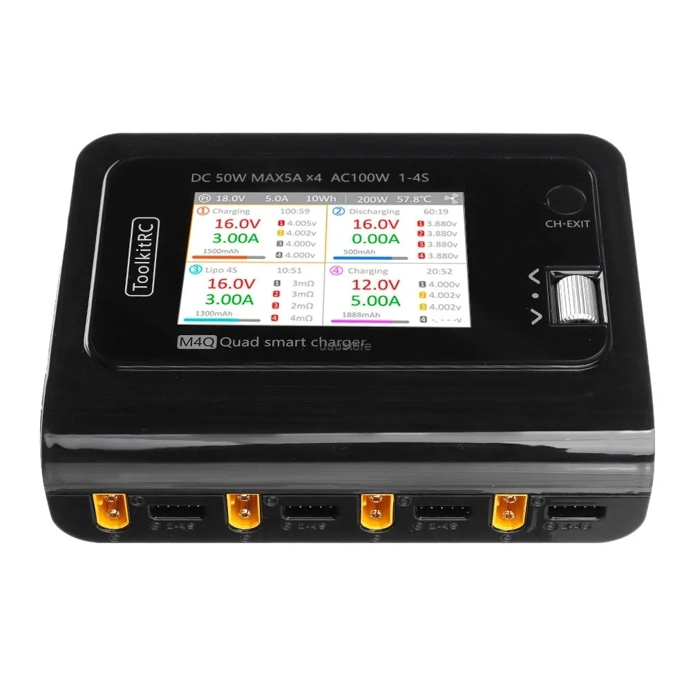 ToolkitRC M4Q 4x50w 5A 1-4S AC 100W 4 Ports XT60 XT30 DC Smart Charger 32 Bit ARM IPS Bright Clear Wide Angle Display for RC FPV