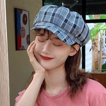 

HT2927 Berets Vintage Plaid Beret Hat Ladies Retro Plaid Octagonal Newsboy Cap Spring Autumn Women Beret Hat Artist Painter Hat