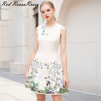 

Red RoosaRosee Designer High End Lady O Neck Sleeveless Vintage Embroidery Slim Waist Party Dress For Women