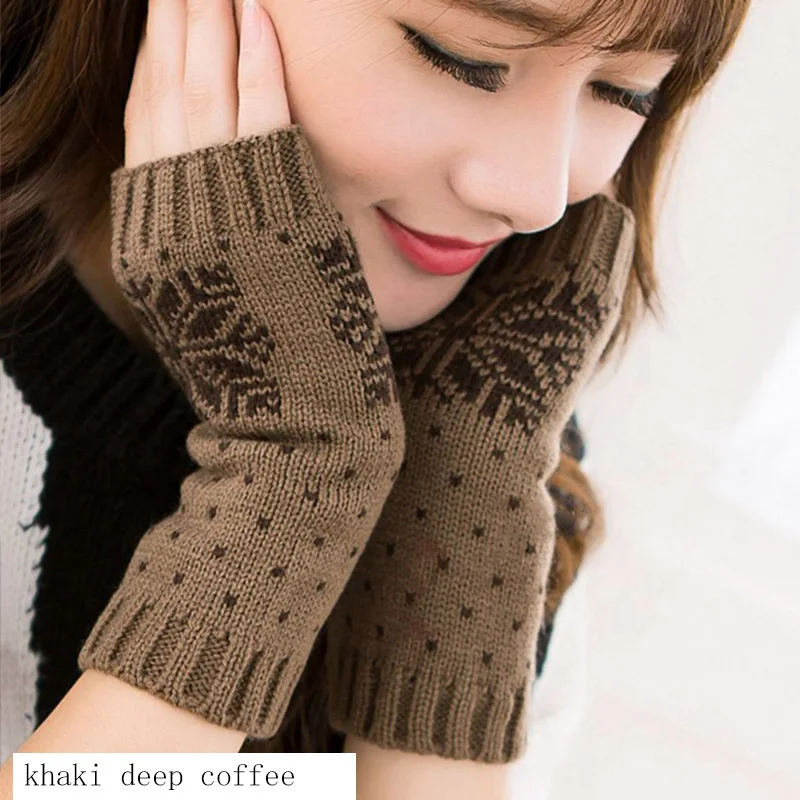 khaki deep coffee Женские шерстяные теплые митенки без пальцев, осенне-зимние женские варежки, эластичные короткие перчатки для рук - Цвет: khaki deep coffee