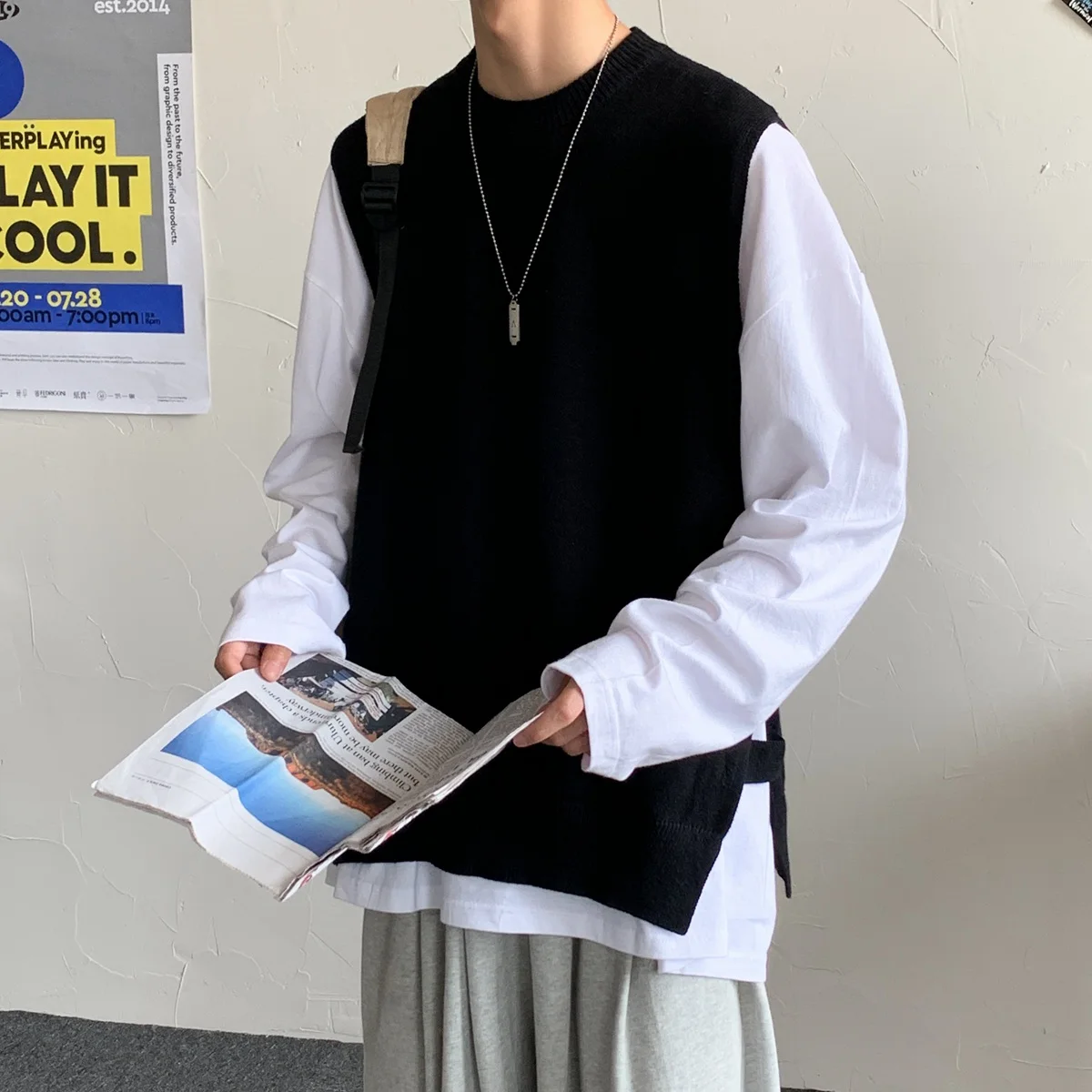Autumn Sweater Vest Men Oversized Loose Knitted Waistcoat Student Korean Preppy Style Casual Side-split Solid Sleeveless Jumpers