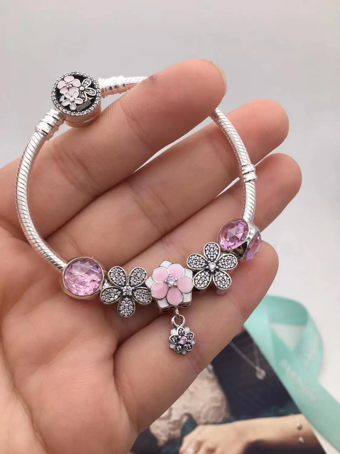

Keris Store High Quality Original 1:1 100%925 Sterling Silver Pink Glazed Beads With Diamond Bracelet Free Shipping