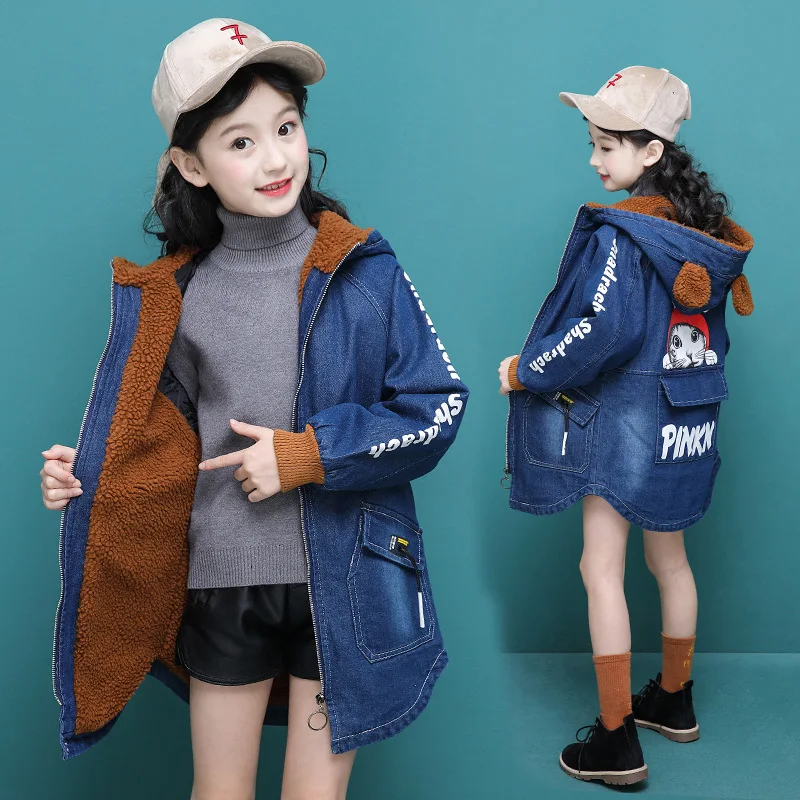 fleece thickening cute ear hooded girls denim jacket long kids jean coat warm winter spring fall children's clothing
