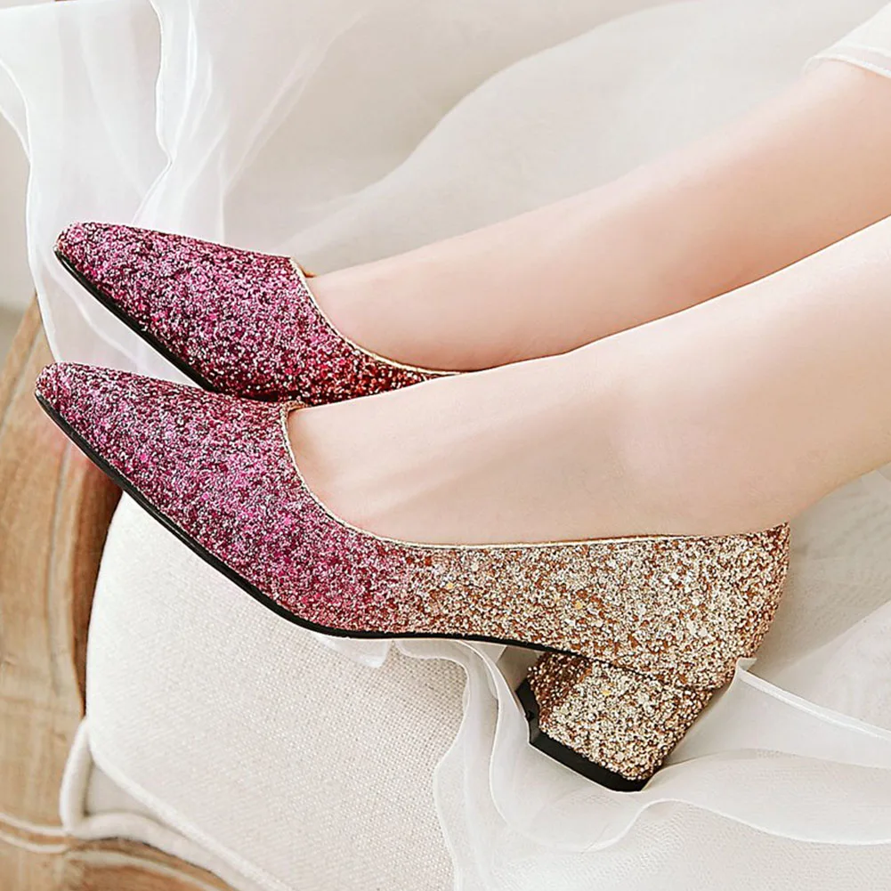 

Doratasia 2020 Big Size 43 Ladies Chunky Heels Women Shoes Bling Sequined Slip On Pointed Toe Party Office Pumps Woman