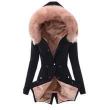 Роскошные однотонные тонкие куртки с капюшоном, пальто для женщин, зимняя теплая одежда, плюшевая верхняя одежда на молнии с меховым капюшоном, Женская Толстая куртка