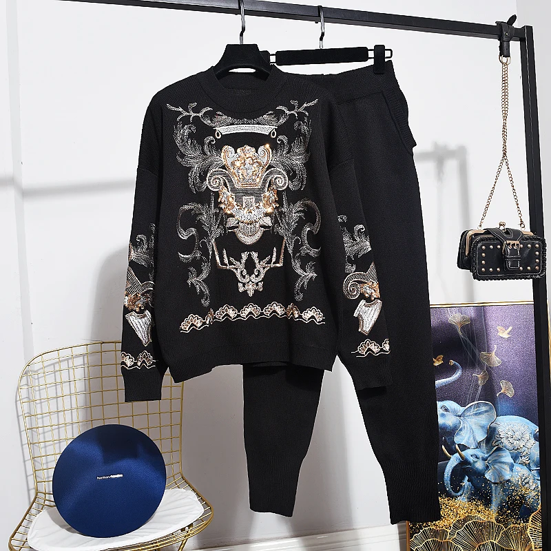 

Fashion Sequins Knit Tracksuit Female Set Spring Autumn Korean Long sleeve Sweater Long Pants Women Loose Black Knitted Set 2pc
