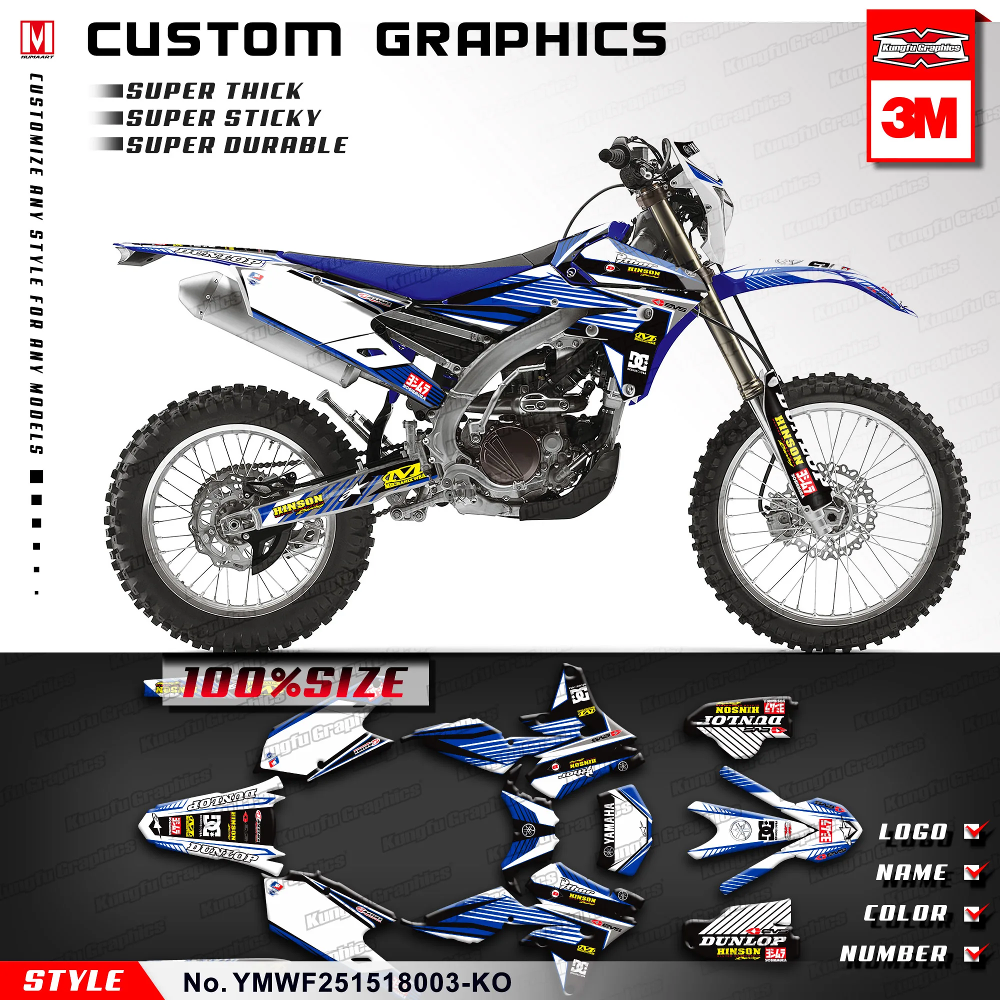 KUNGFU GRAPHICS Motocross Racing Decal Kit Sticker Labels for WR250F WR450F YZ450FX WR 250 450 F 2015 2016 2017 2018 Blue | Автомобили и
