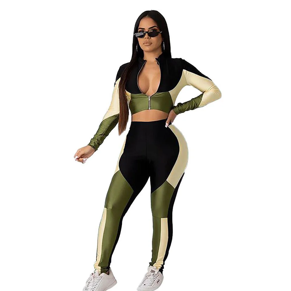 Wjustforu, эластичный Повседневный Спортивный костюм в стиле пэчворк, женская сексуальная короткая куртка+ узкие брюки-карандаш, Модный комплект из двух предметов - Цвет: green
