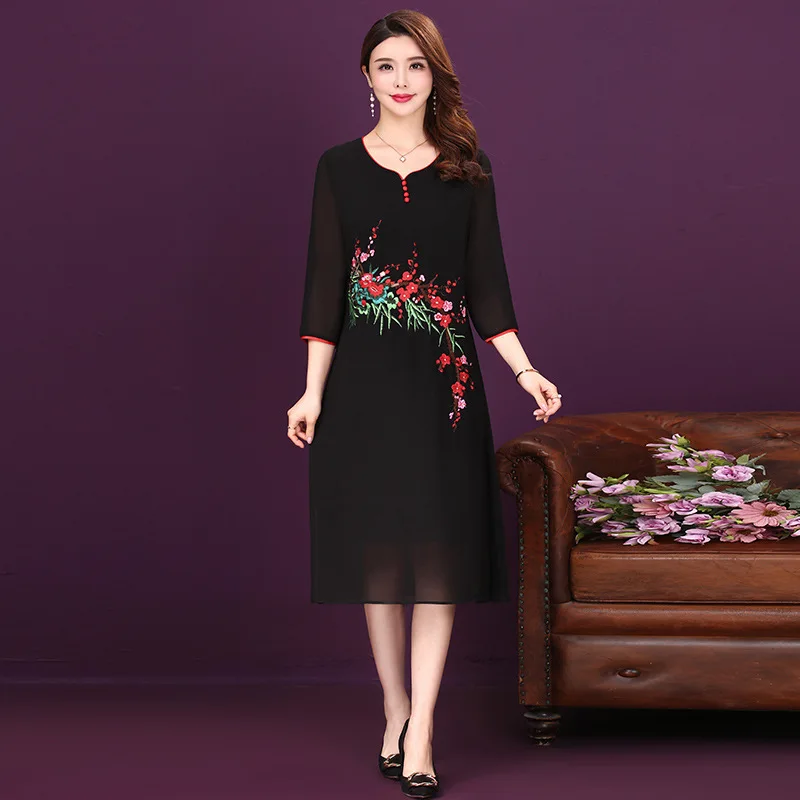 

2019 Summer New Style Fashion Simple Elegant Large Size Dress Medium-length Half-sleeve Shirt Embroidered Chiffon Retro Dress