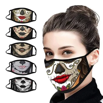 

5pc Adult 3d Printed Mouth Anti Fog Haze Dust Protection Mask Washable Earloop Mask Halloween Funny Patten Mask Thickened Masque