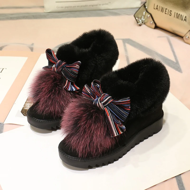 fujin winter boots for women platform wedge heel real fur boots shoes plush warm female booties bow tie fashion Pumps Boots