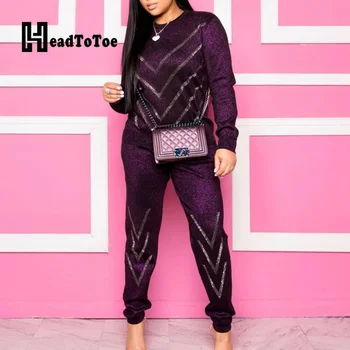 

Glitter Stamping Long Sleeve Tops & Pencil Pants Set Women 2 Piece Outfits Party Clubwear