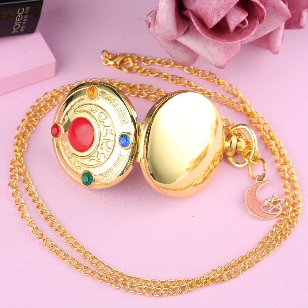 Fancy Color Diamond Case Cover Pocket Watch Girls Sailor Moon Dial for Female Red Moon Pendant 4