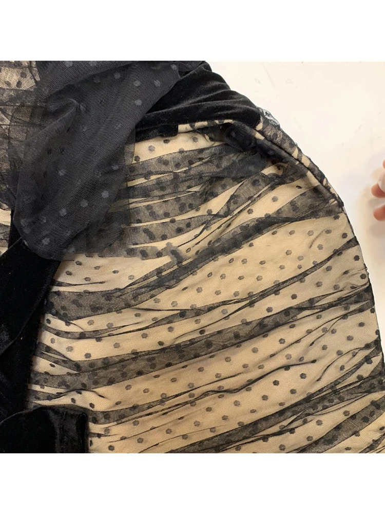 Сшитые в горошек ретро пышные рукава плиссированные платья Дамские весенние и осенние модели контрастный цвет Сетка Пряжа пакет бедра