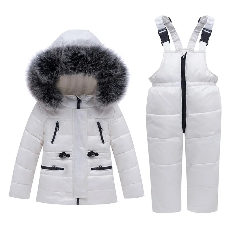 Детский пуховик, костюм для мальчиков и девочек, зимнее пальто и комбинезоны меховой воротник, комплект одежды из двух предметов, детская зимняя ветрозащитная одежда