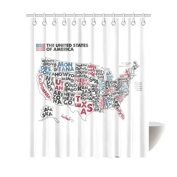 

Map of United States of America with State Names Home Decor Waterproof Polyester Bathroom Shower Curtain Bath with Hooks,