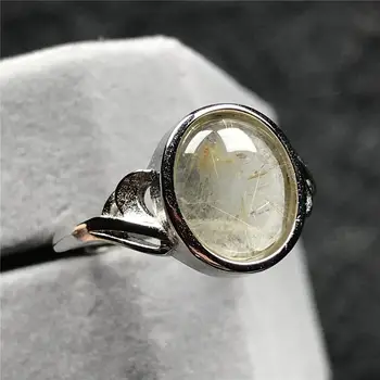 

12x10mm Natural Gold Hair Rutilated Ring Jewelry For Woman Man Crystal Oval Beads Silver Quartz Gemstone Adjustable Ring AAAAA