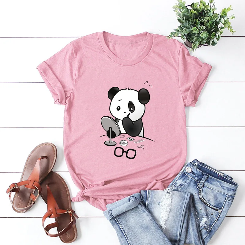 Летние женские футболки с рисунком панды, модные женские футболки, футболки из хлопка с круглым вырезом и коротким рукавом, новые повседневные топы