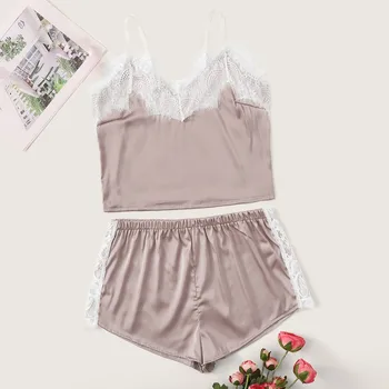 

New Pajamas Sets Sexy Lace Pyjamas For Women V-neck Pijama Femme Summer Sleepwear Satin Nightwear Lingerie Female Underwear@50