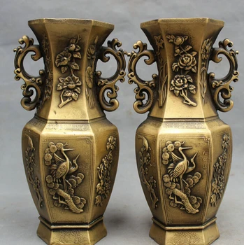 

song voge gem S2729 10" Eximious Chinese Bronze Buddhist Bird Crane Pine Tree Statue Pot Vase Pair