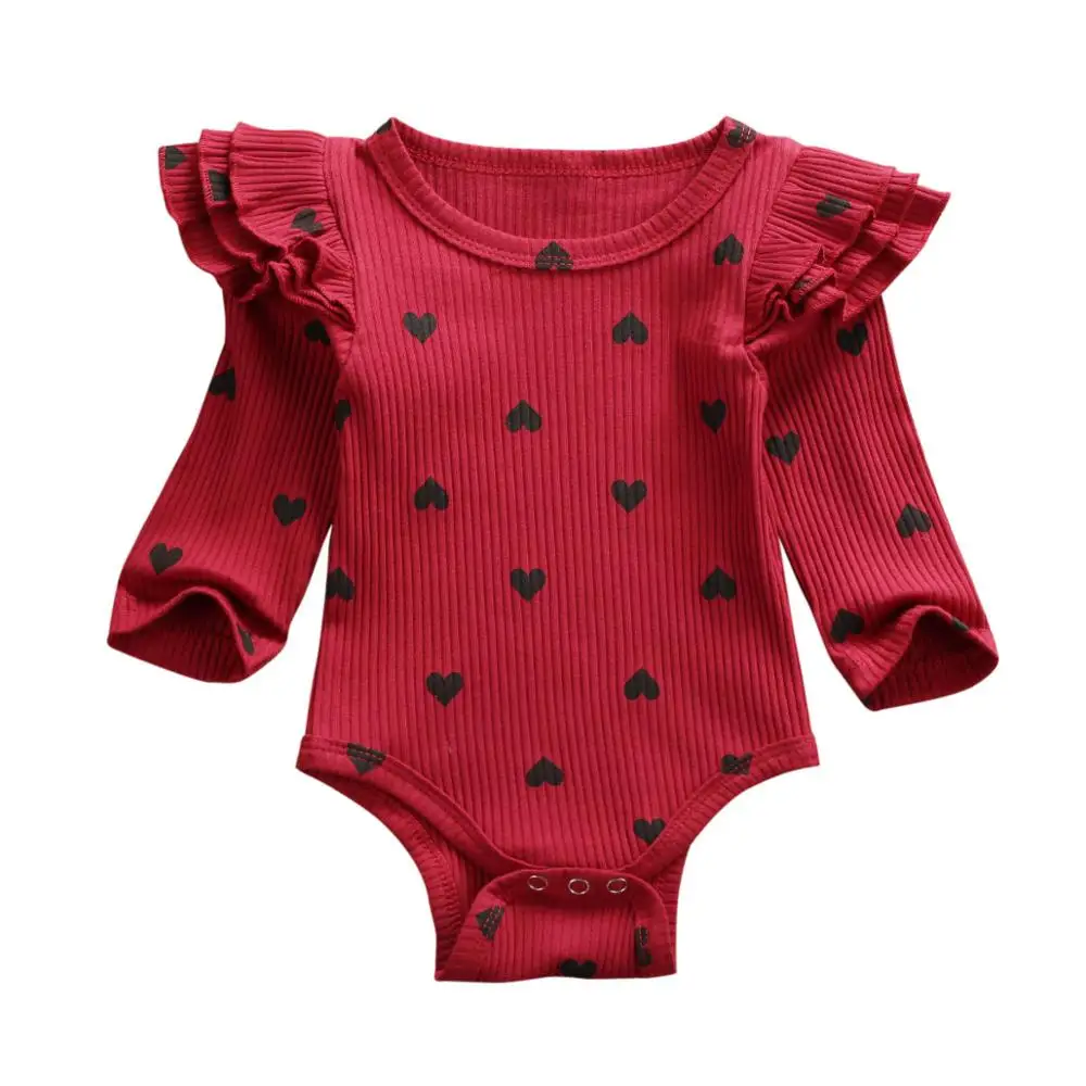 Трикотажное боди с оборками и длинными рукавами в форме сердца для новорожденных и маленьких девочек Комбинезон в горошек на осень и зиму - Цвет: Красный