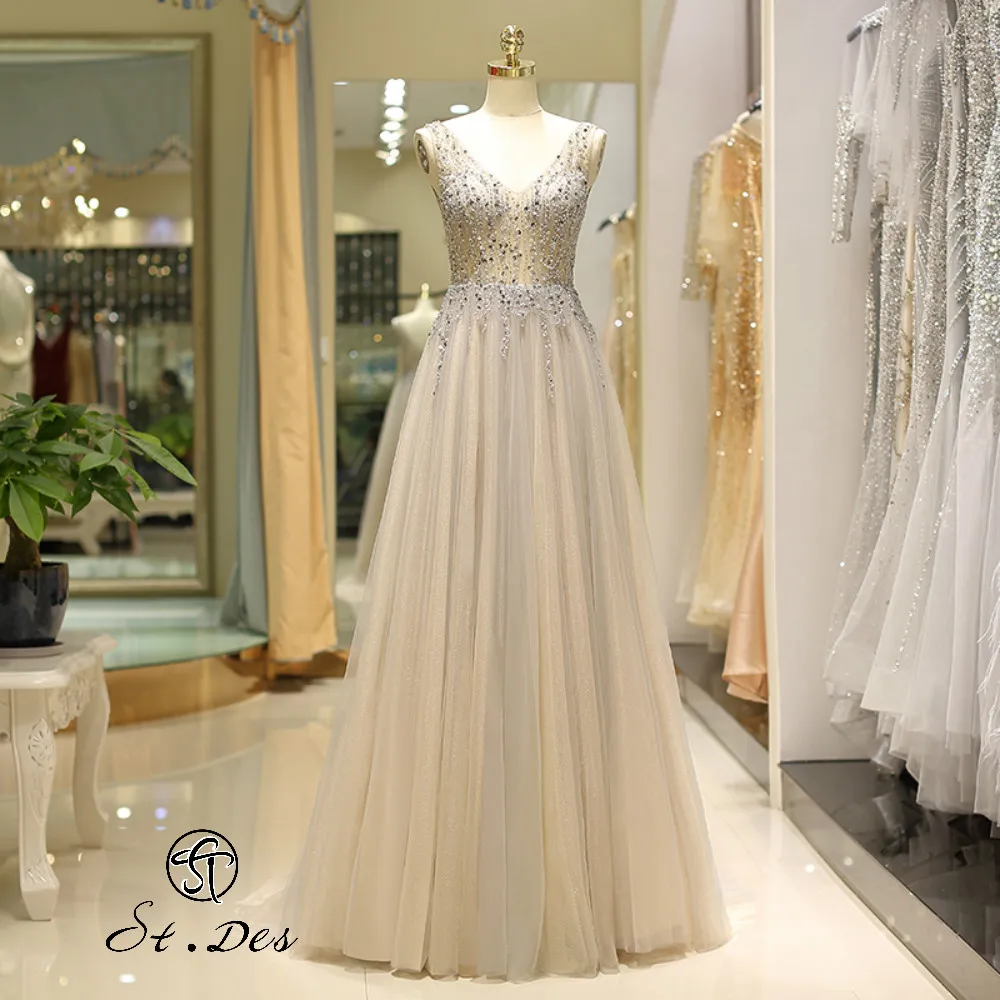 

NEW 2020 St.Des A-line V-Neck Sleeveless Russian Champagne Gray Beading Sleeveless Floor Length Evening Dress Party Dress