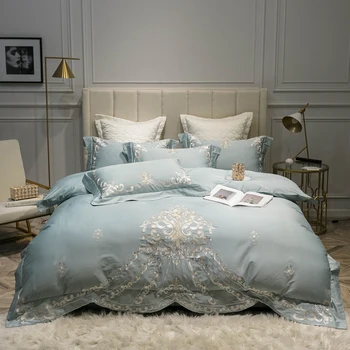 

4/6pcs Sateen Quilt Covers Bedsheets Queen King Size Bedding Set 60s Egyptian Cotton Bed Linen Embroidery Duvet Cover French