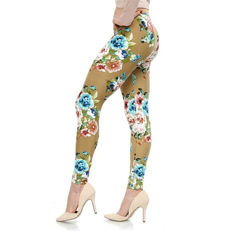 YGYEEG, высокие эластичные дизайнерские винтажные леггинсы с граффити цветочным рисунком, женские леггинсы с принтом, высокое качество, распродажа - Цвет: Khaki Peony