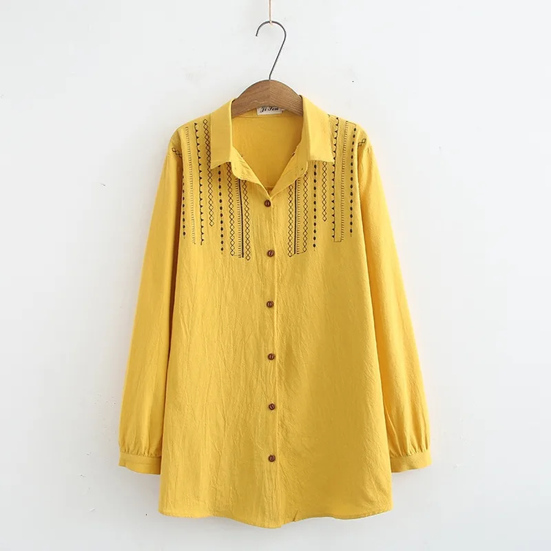 

Plus Size vrouwen Lange Mouwen Borduren Blouse Volledige Button Casual Tops Officewear Wit Donkerblauw Shirts