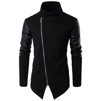 

Men's Fashion Cotton Stand Collar Slim Fit Leather Black Long Sleeve Pullover T-Shirt