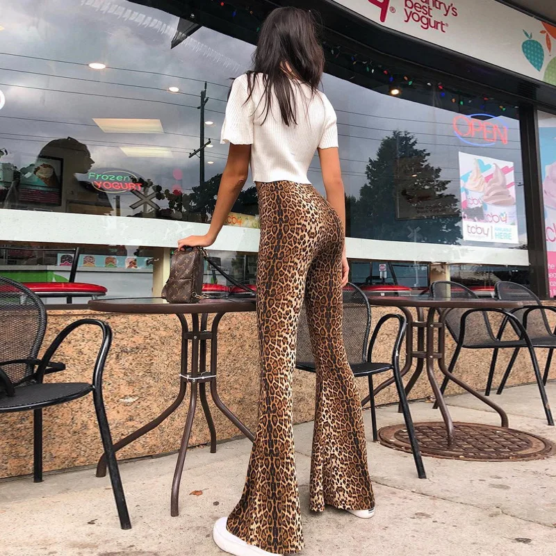 OSLLENLLA Tiger Stripe Printed Flare Pants Women High Waist Bell-Bottom Pants Ladies Leopard Flared Trousers Plus Size 2XL