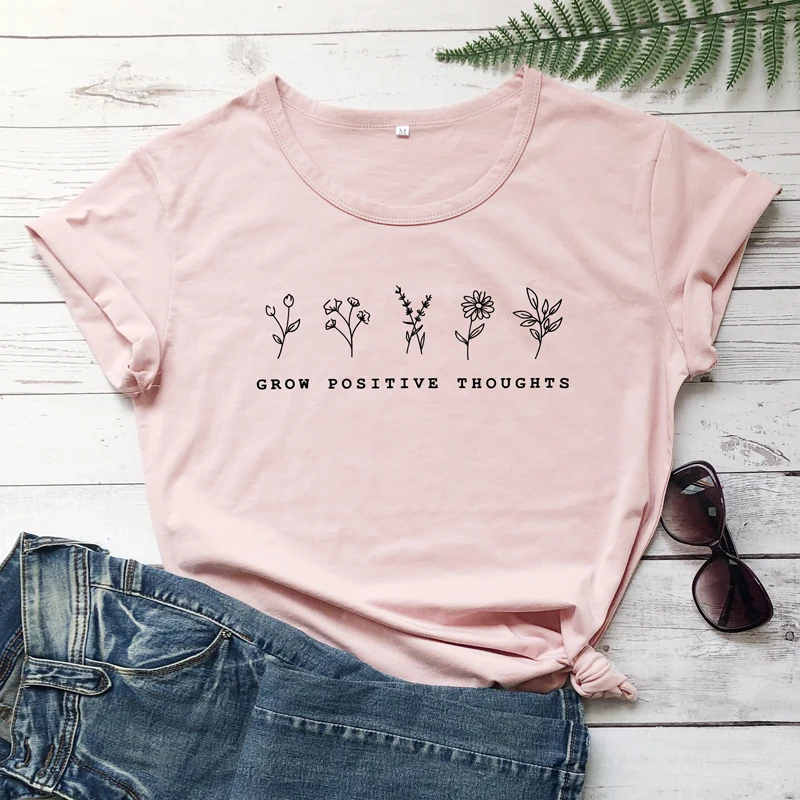 Футболка с надписью «Grow положительные идеи» винтажная женская футболка с цветочным принтом летняя вдохновленная футболка в стиле бохо - Цвет: peach-black text